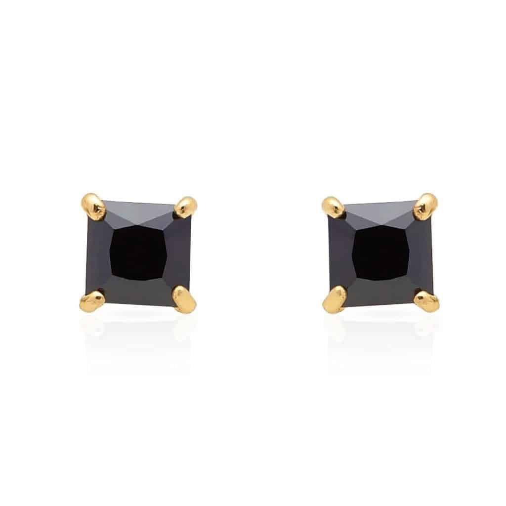 14K Yellow Gold Black 1CTW CZ Princess-Cut Pushback Stud Earrings