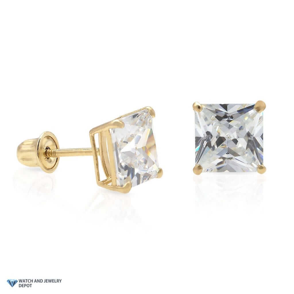 14K Yellow Gold 2Ct Princess Square CZ Stud Earrings 6mm