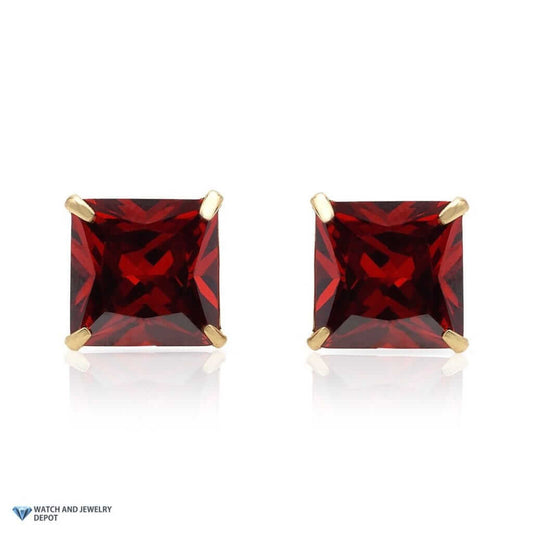 Real 14K Gold 2Ct Princess January Birthstone Created Garnet Stud Earrings