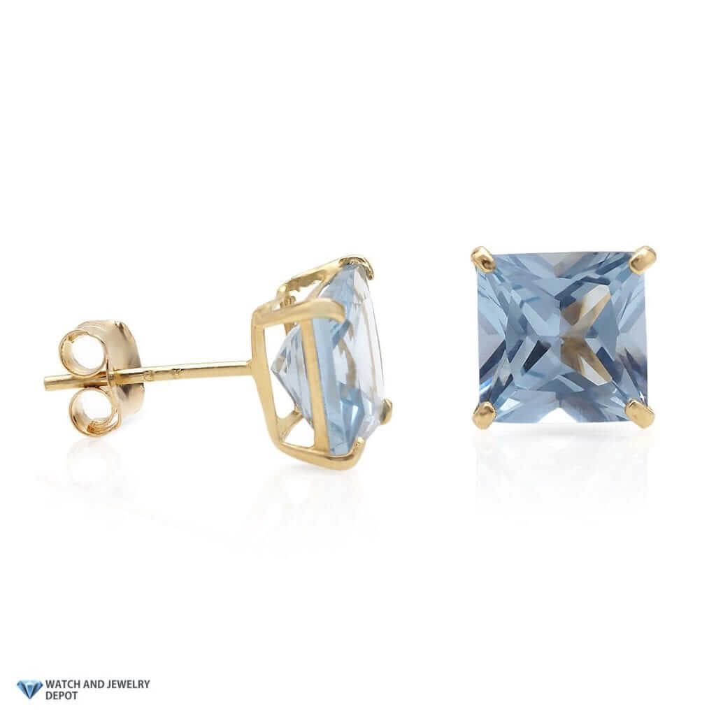 14K Yellow Gold 2Ct Princess March Birthstone Created Aquamarine Stud Earrings