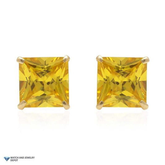 14K Yellow Gold 2Ct Princess November Birthstone Created Citrine Stud Earrings
