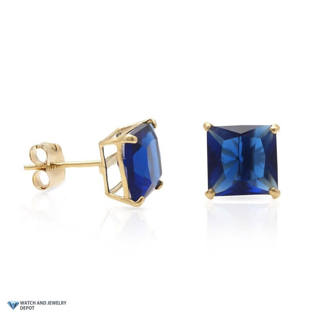 14K Yellow Gold 2Ct Princess September Birthstone Simulated Sapphire Earrings