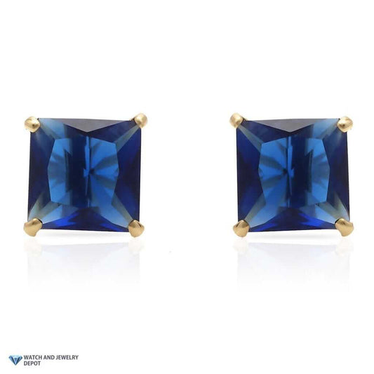 14K Yellow Gold 2Ct Princess September Birthstone Simulated Sapphire Earrings