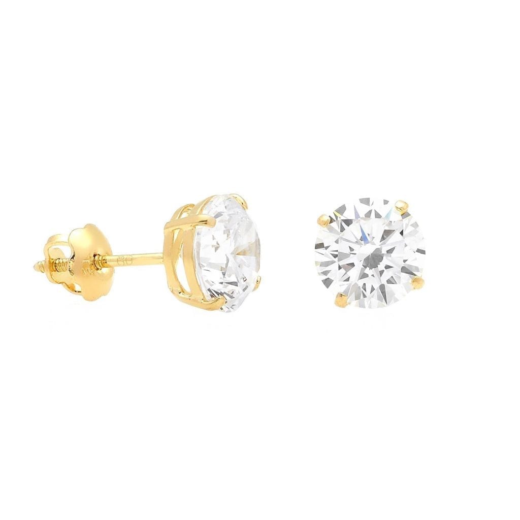 14K Yellow Gold 2.5Ct CZ Round Screw Back Stud Earrings 7mm