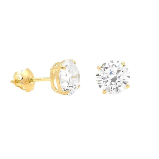 14K Yellow Gold 2.5Ct CZ Round Screw Back Stud Earrings 7mm