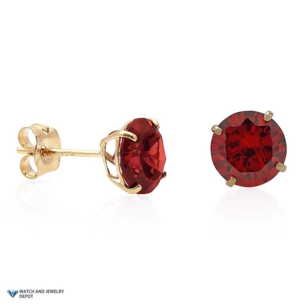 Round-Cut Simulated Garnet Pushback Stud Earrings Birthstone 14K Yellow Gold 2Ct