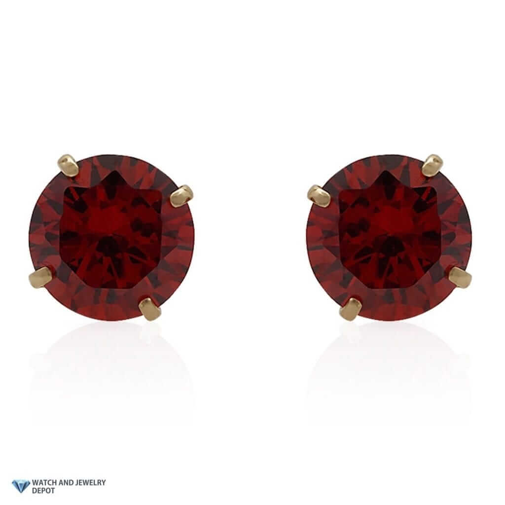 Round-Cut Simulated Garnet Pushback Stud Earrings Birthstone 14K Yellow Gold 2Ct