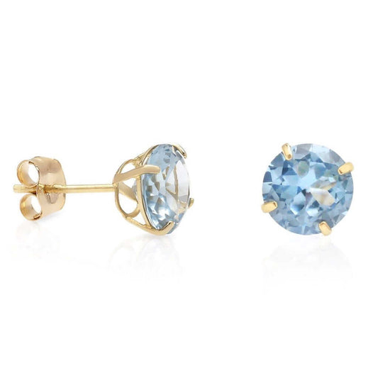Real 14K Gold 2Ct Round March Birthstone Created Aquamarine Stud Earrings