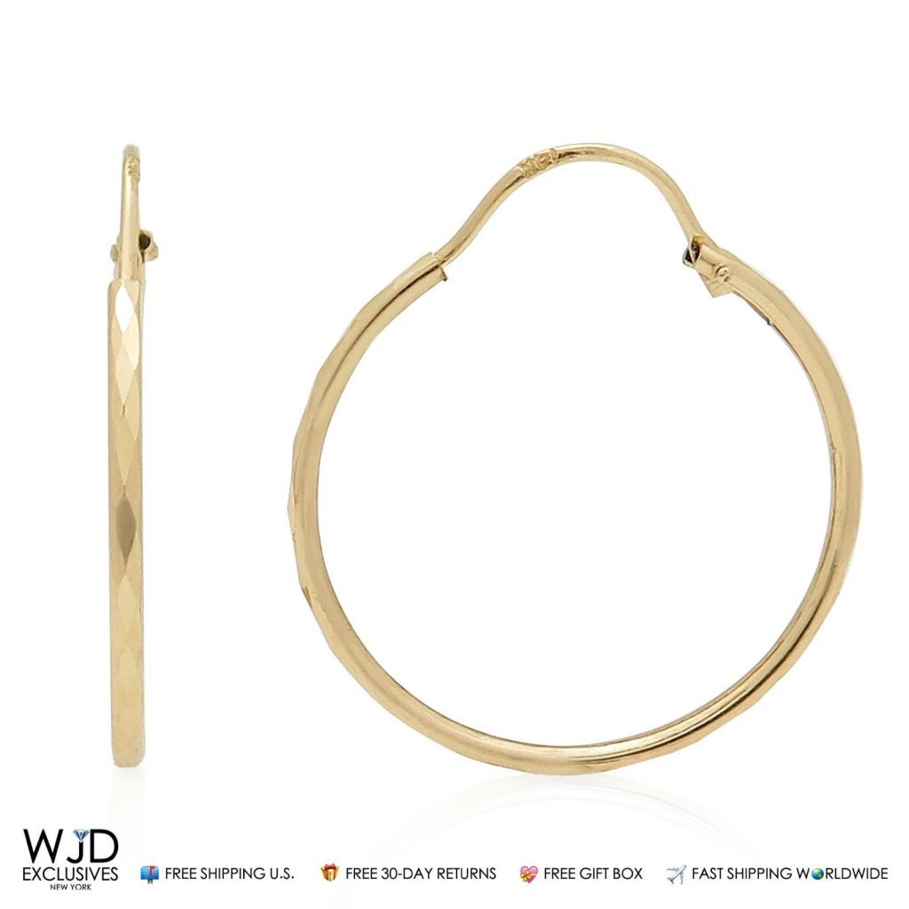 14K Yellow Gold 2mm Thick Diamond Cut Hoop Earrings