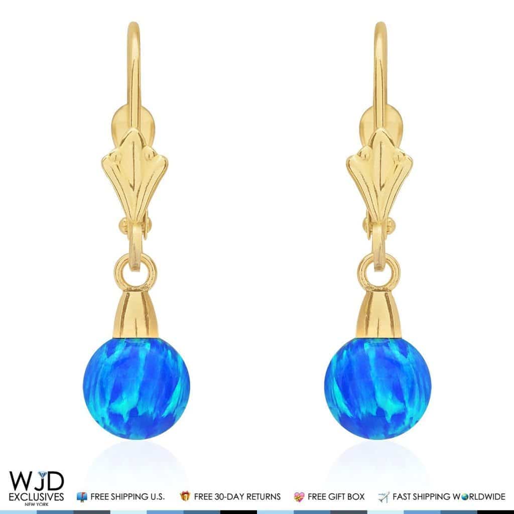 14K Yellow Gold 6 mm Ball Shaped Blue Fire Opal Leverback Dangle Earrings 1"