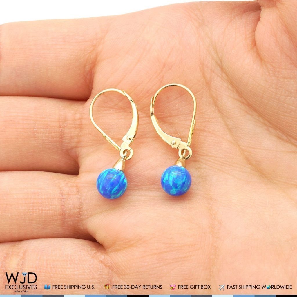 14K Yellow Gold 6 mm Ball Shaped Blue Fire Opal Leverback Dangle Earrings 1"