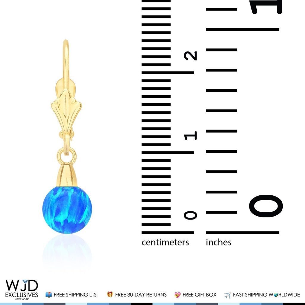 14K Yellow Gold 6 mm Ball Shaped Blue Fire Opal Leverback Dangle Earrings 1"