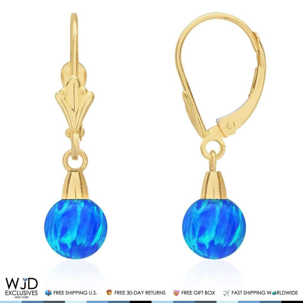 14K Yellow Gold 6 mm Ball Shaped Blue Fire Opal Leverback Dangle Earrings 1"