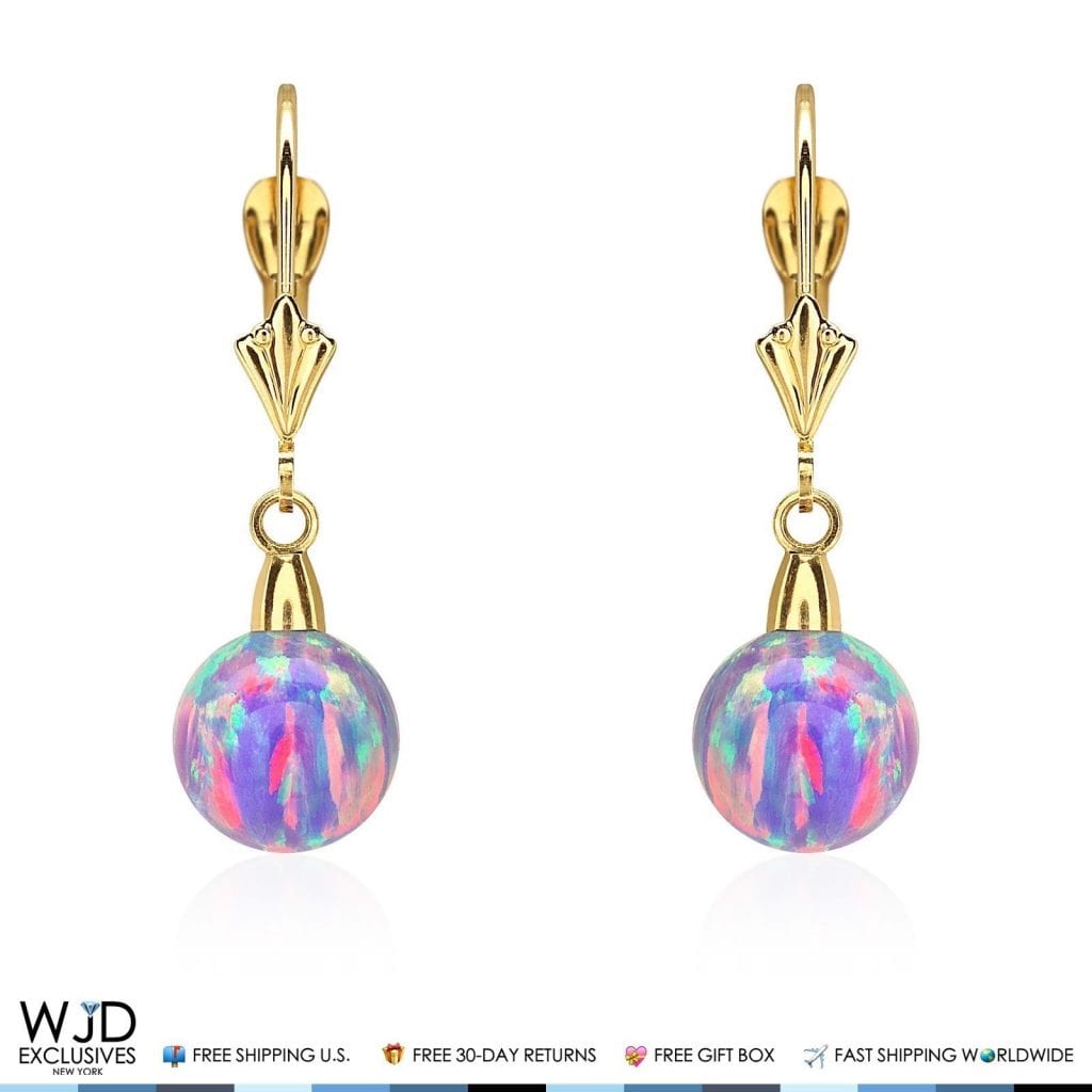 14K Yellow Gold 8 mm Ball Shaped Purple Fire Opal Leverback Dangle Earrings 1"