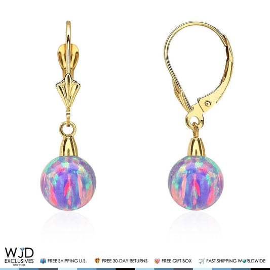 14K Yellow Gold 8mm Ball Shaped Purple Fire Opal Leverback Dangle Earrings 1"