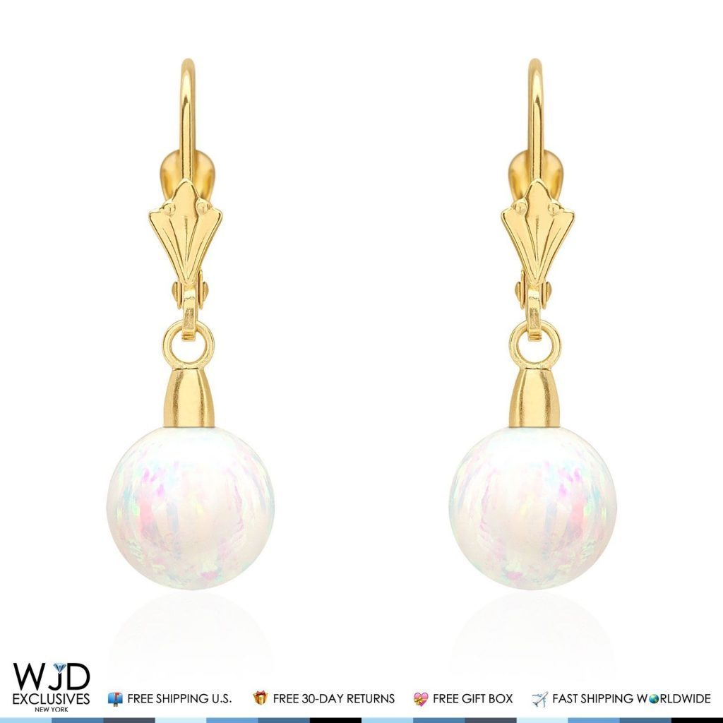 14K Yellow Gold 8 mm Ball Shaped White Fire Opal Leverback Dangle Earrings 1"