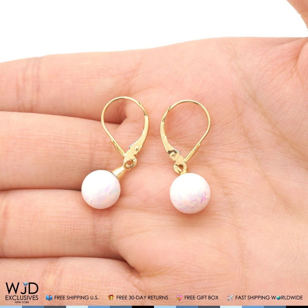 14K Yellow Gold 8 mm Ball Shaped White Fire Opal Leverback Dangle Earrings 1"