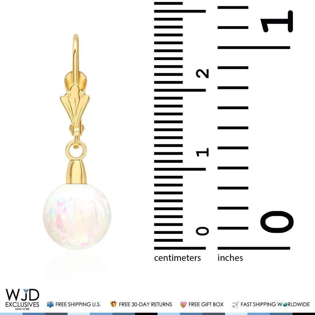 14K Yellow Gold 8 mm Ball Shaped White Fire Opal Leverback Dangle Earrings 1"