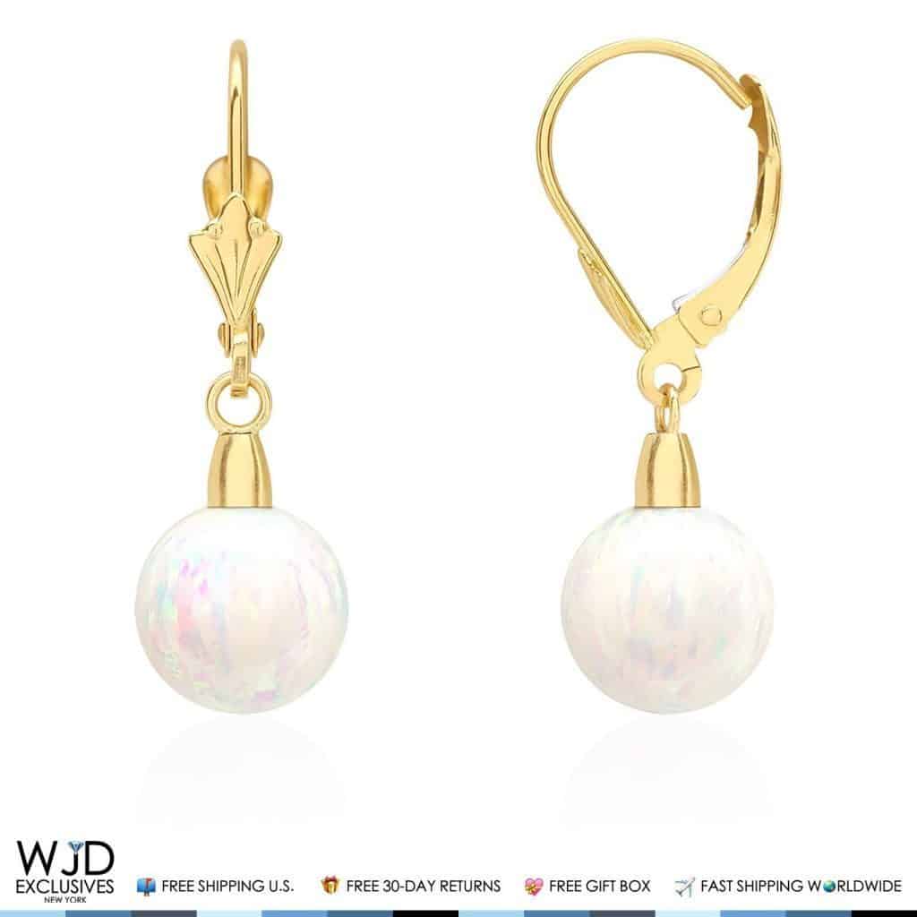 14K Yellow Gold 8 mm Ball Shaped White Fire Opal Leverback Dangle Earrings 1"