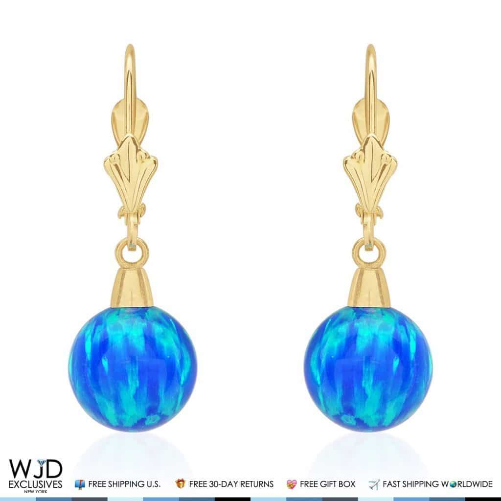 14K Yellow Gold 9 mm Ball Shaped Deep Blue Fire Opal Leverback Dangle Earrings