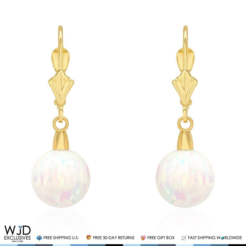14K Yellow Gold 9 mm Ball Shaped White Fire Opal Leverback Dangle Earrings 1"