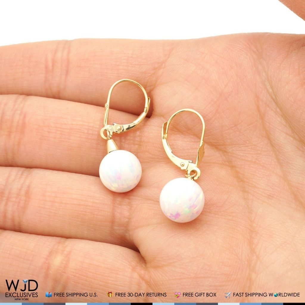 14K Yellow Gold 9 mm Ball Shaped White Fire Opal Leverback Dangle Earrings 1"