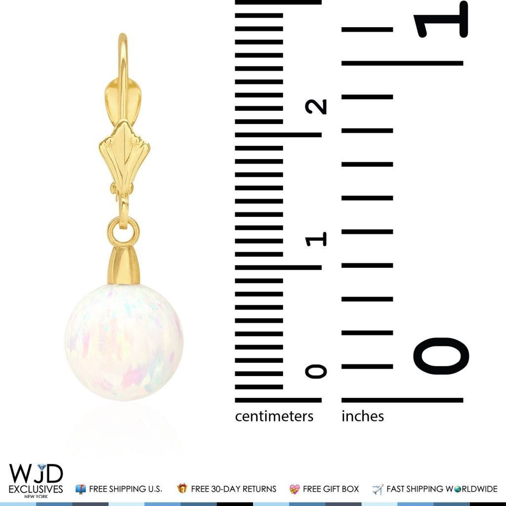 14K Yellow Gold 9 mm Ball Shaped White Fire Opal Leverback Dangle Earrings 1"