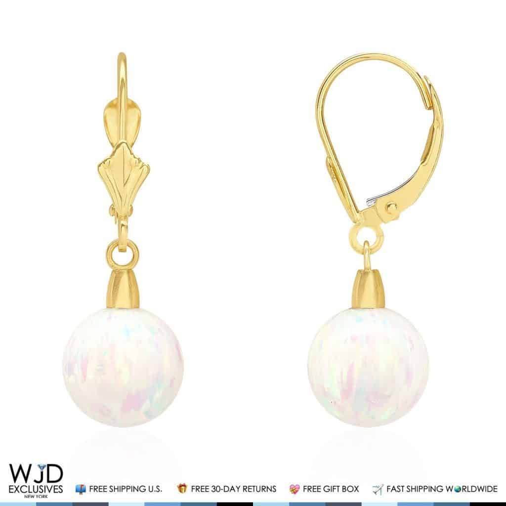 14K Yellow Gold 9 mm Ball Shaped White Fire Opal Leverback Dangle Earrings 1"