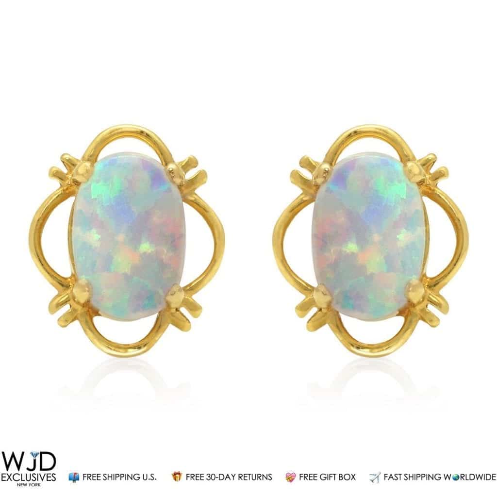 14K Yellow Gold 9mm Oval Shape White Fire Opal Stud Screw back Earrings