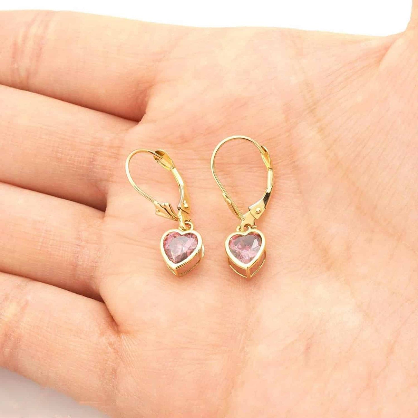 14K Yellow Gold Bezel Set Heart Shaped Birthstone Dangle Leverback Earrings