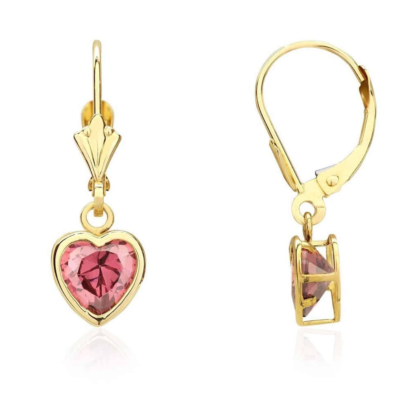 14K Yellow Gold Bezel Set Heart Shaped Birthstone Dangle Leverback Earrings