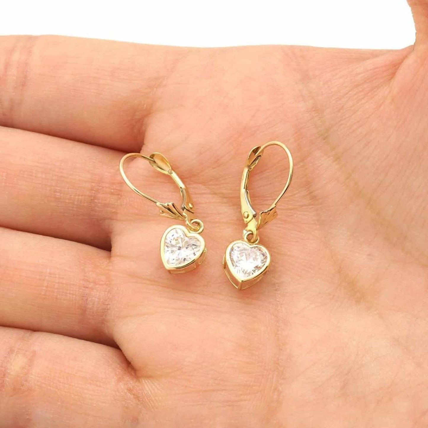 14K Yellow Gold Bezel Set Heart Shaped Birthstone Dangle Leverback Earrings