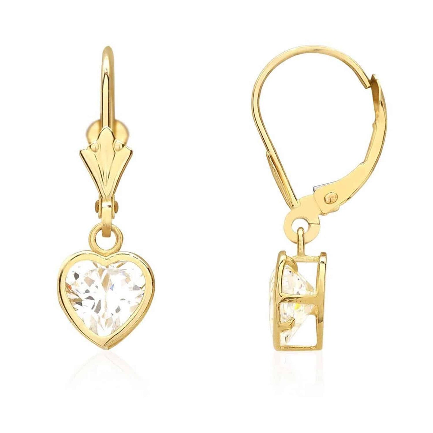 14K Yellow Gold Bezel Set Heart Shaped Birthstone Dangle Leverback Earrings