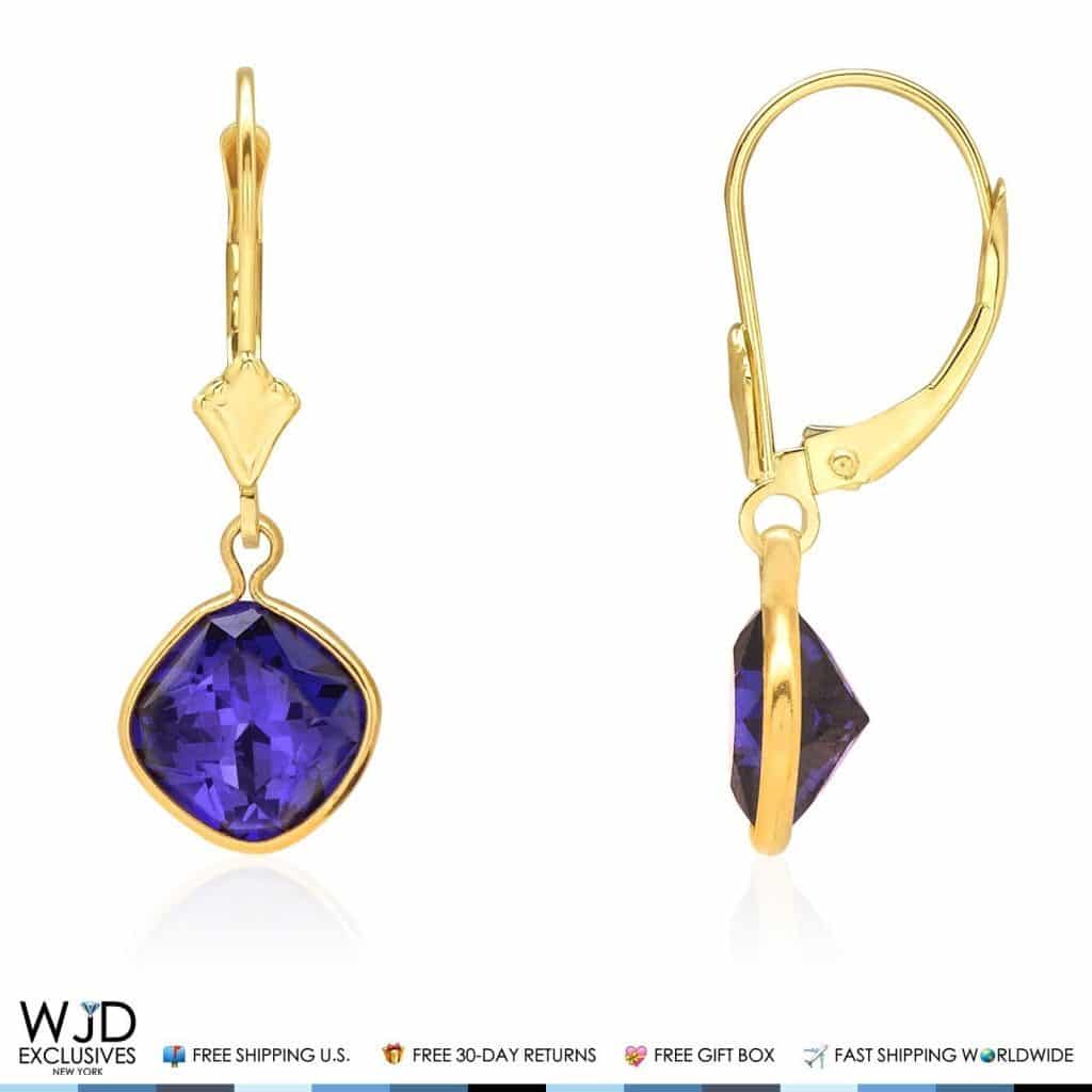 14k Yellow Gold Square Bezel Birthstone Drop Leverback Earrings 1"