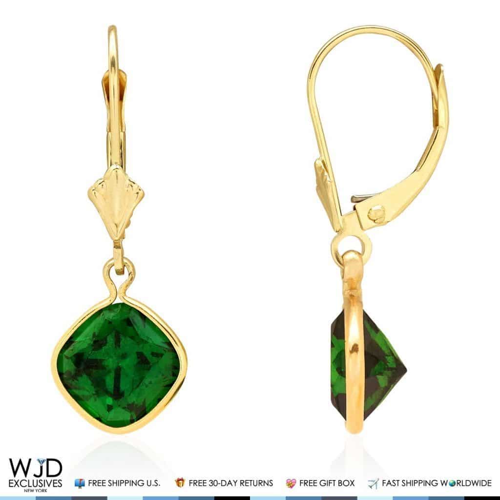 14k Yellow Gold Square Bezel Birthstone Drop Leverback Earrings 1"