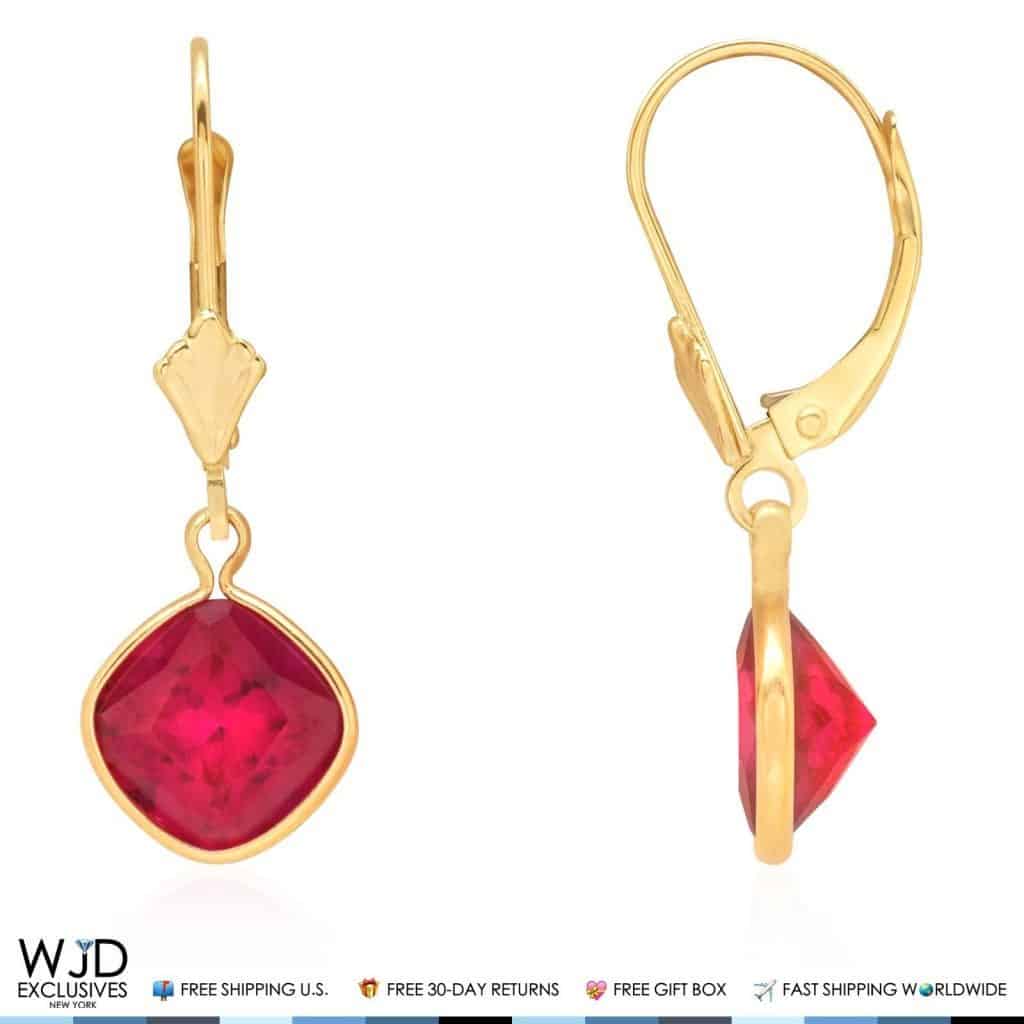 14k Yellow Gold Square Bezel Birthstone Drop Leverback Earrings 1"