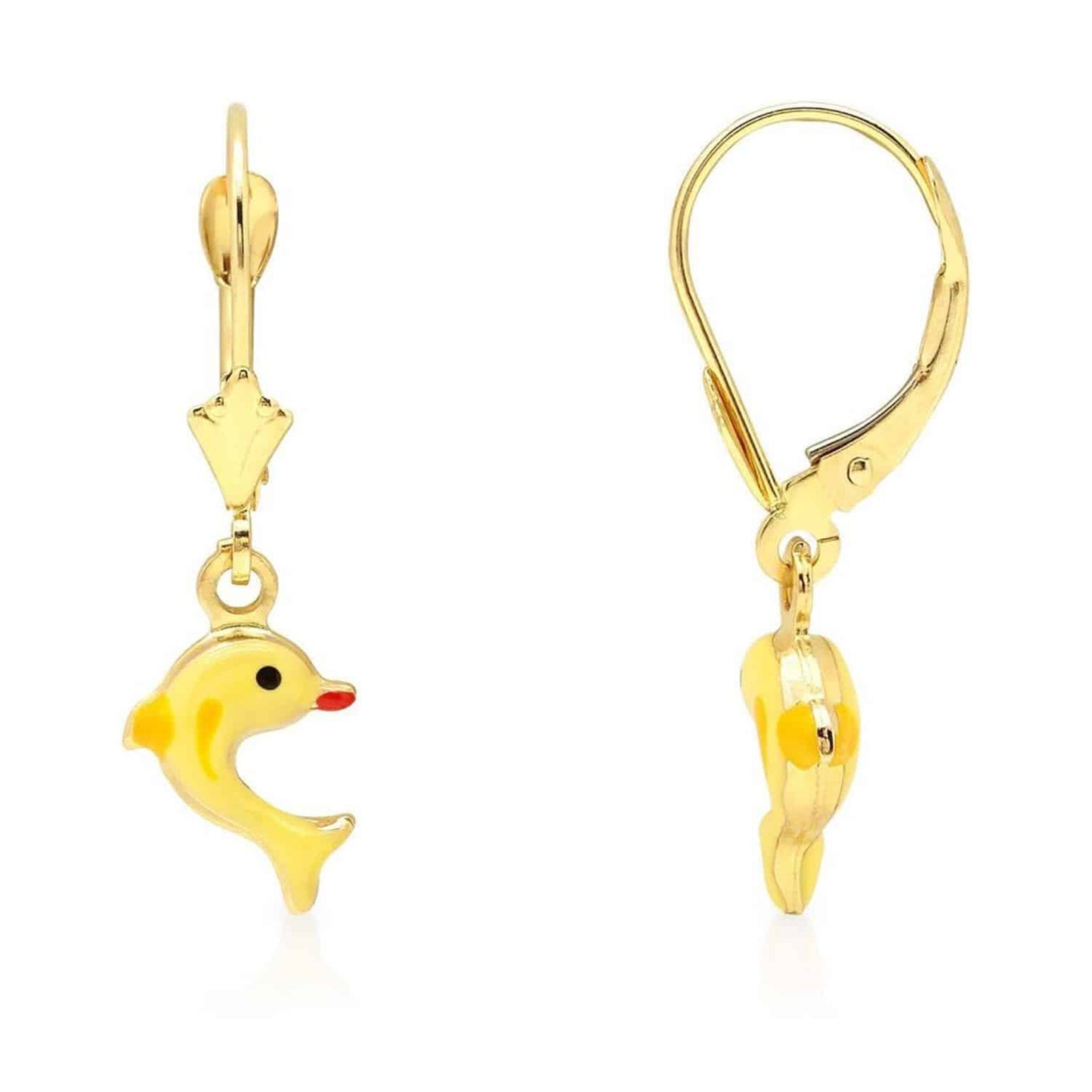 Kid's 14K Gold Yellow Pink Purple Blue Green Enamel Dolphin Leverback Earrings