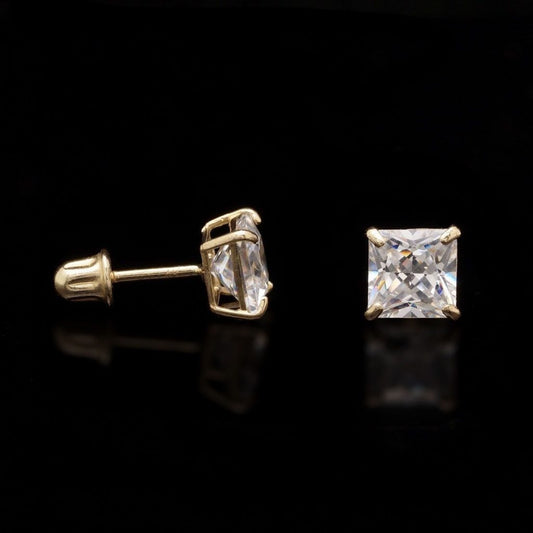 2Ct CZ Princess-Cut 14K Yellow Gold Stud Earrings Screw Back 6mm