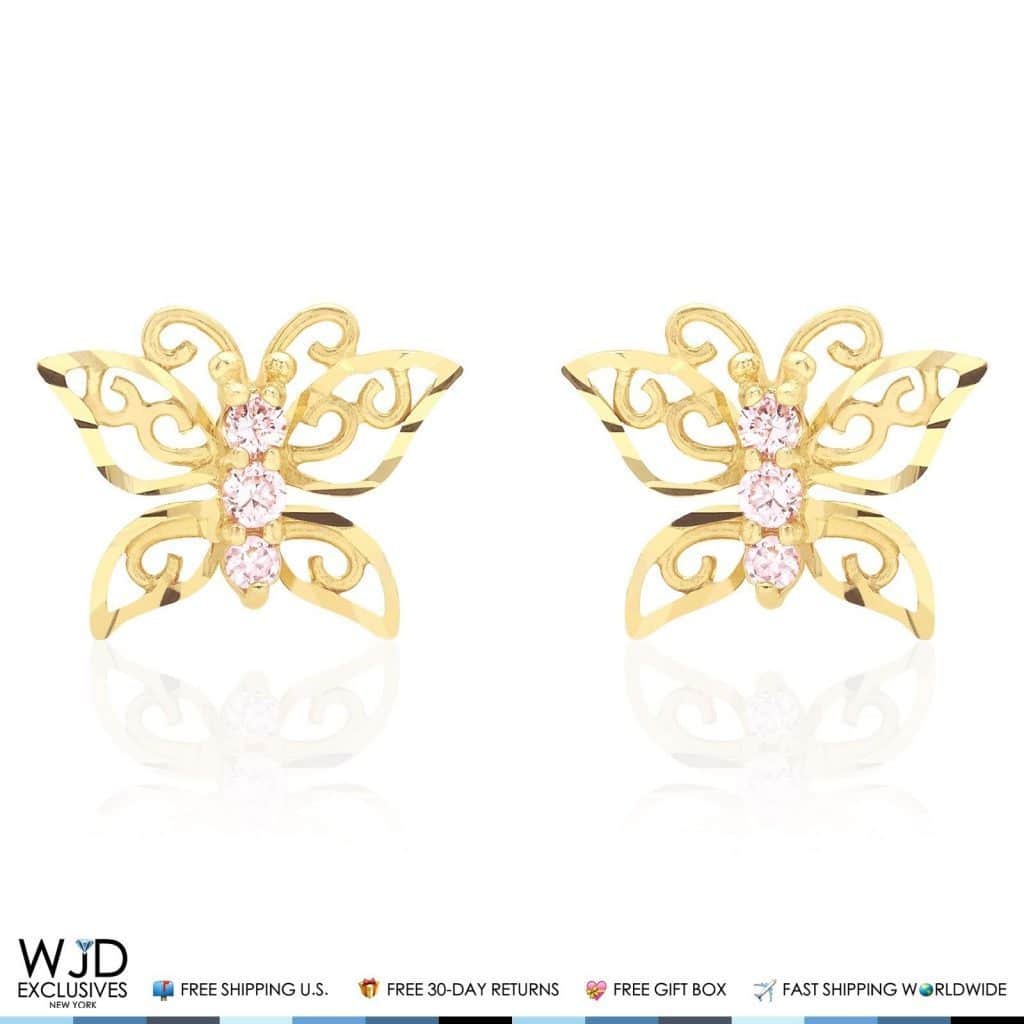 14K Yellow Gold Diamond Cut Pink Tourmaline Butterfly Screwback Stud Earrings