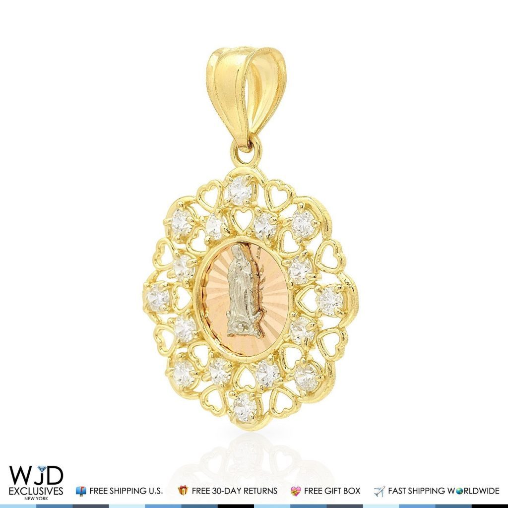 14K Yellow Gold Diamond Cut Tri-Color Guadalupe Heart Frame Charm Pendant 1.2"