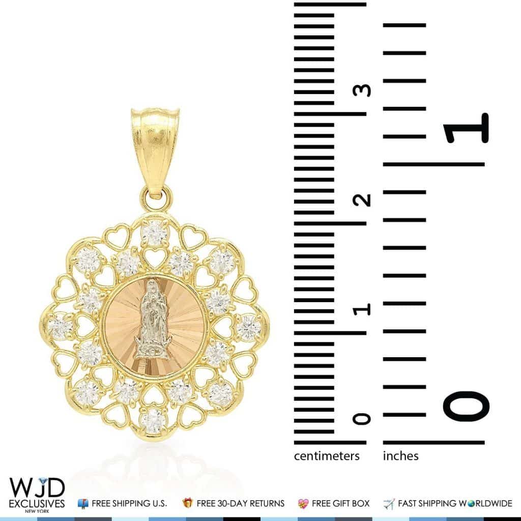 14K Yellow Gold Diamond Cut Tri-Color Guadalupe Heart Frame Charm Pendant 1.2"
