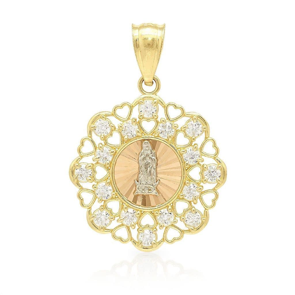 14K Yellow Gold Diamond Cut Tri-Color Guadalupe Heart Frame Charm Pendant 1.2"