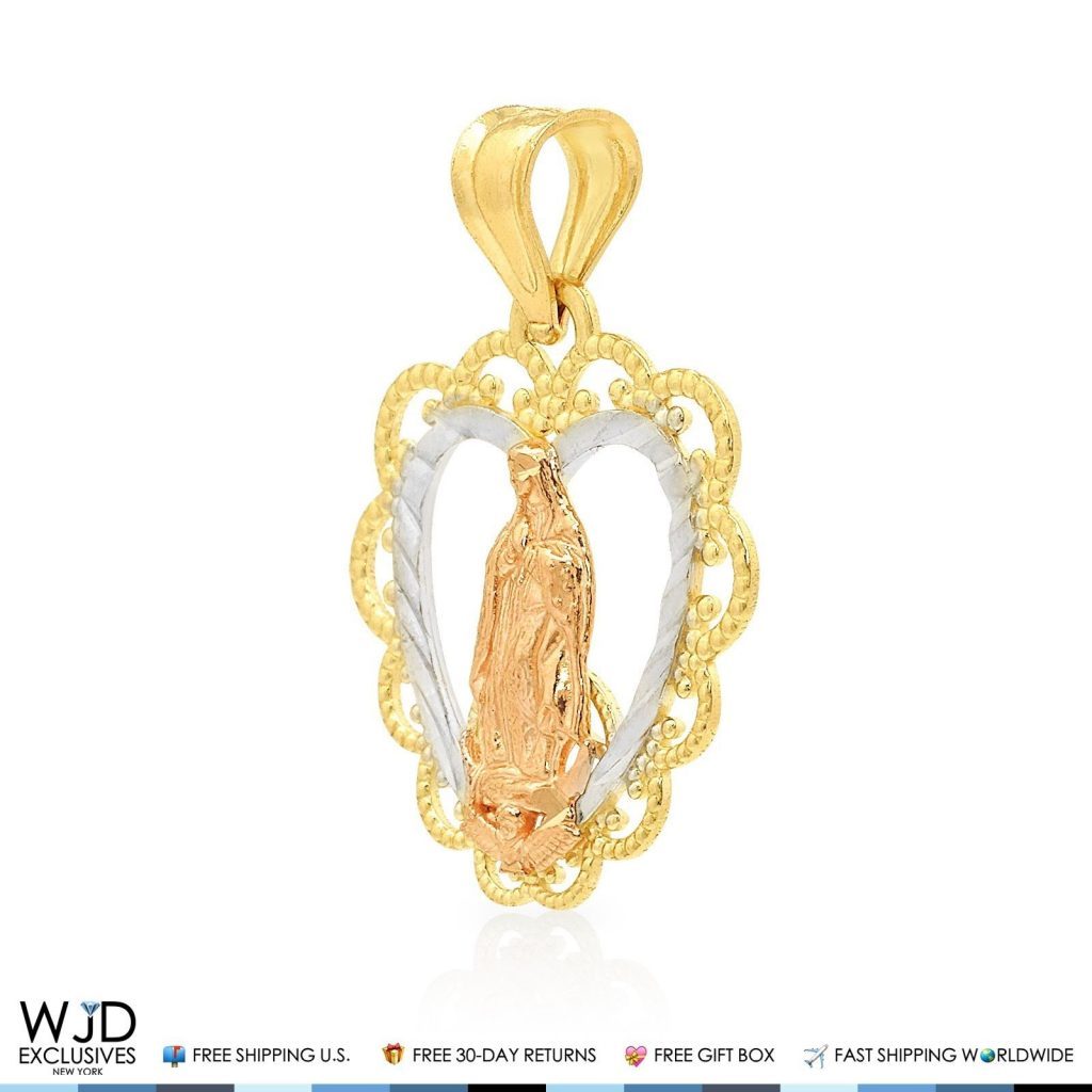14K Yellow Gold Diamond Cut Tri-Color Guadalupe Heart Charm Pendant