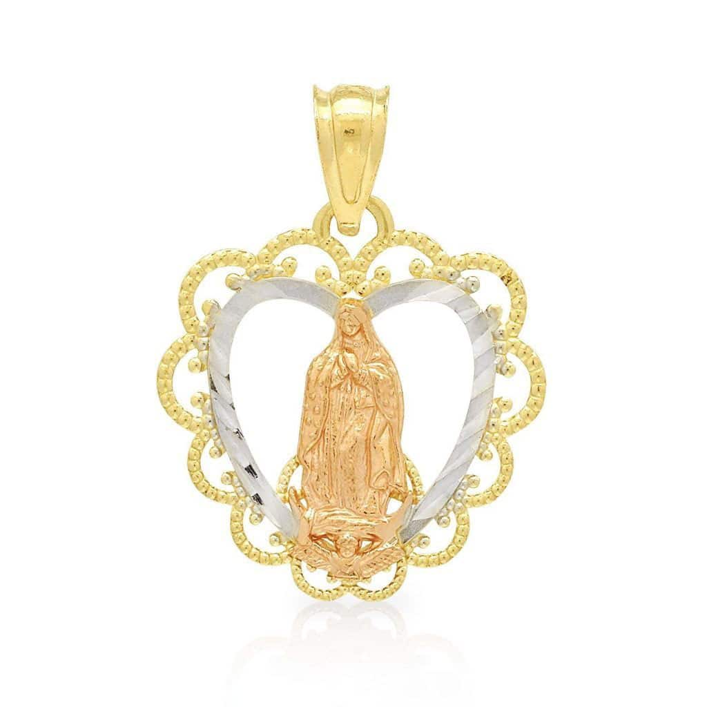 14K Yellow Gold Diamond Cut Tri-Color Guadalupe Heart Charm Pendant
