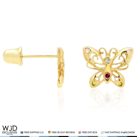 14K Yellow Gold Filigree Multicolor Gemstone Butterfly Screw Back Stud Earrings