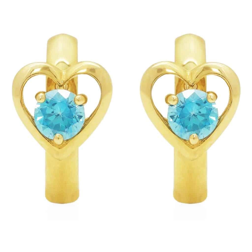 14K Yellow Gold Heart Shape Simulated Aquamarine Huggie Hoop Earrings 10mm