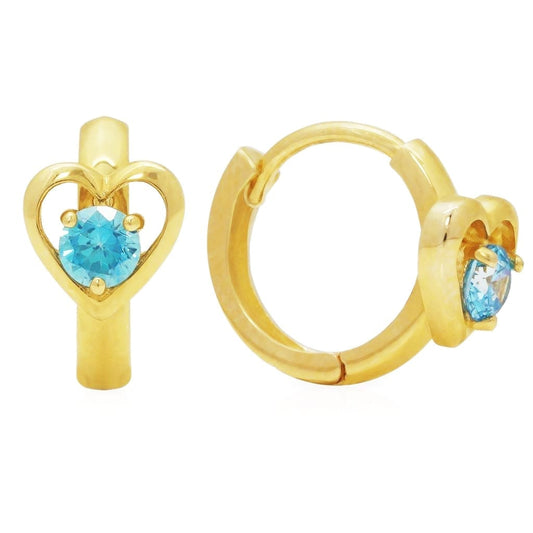 14K Yellow Gold Heart Shape Simulated Aquamarine Huggie Hoop Earrings 10mm