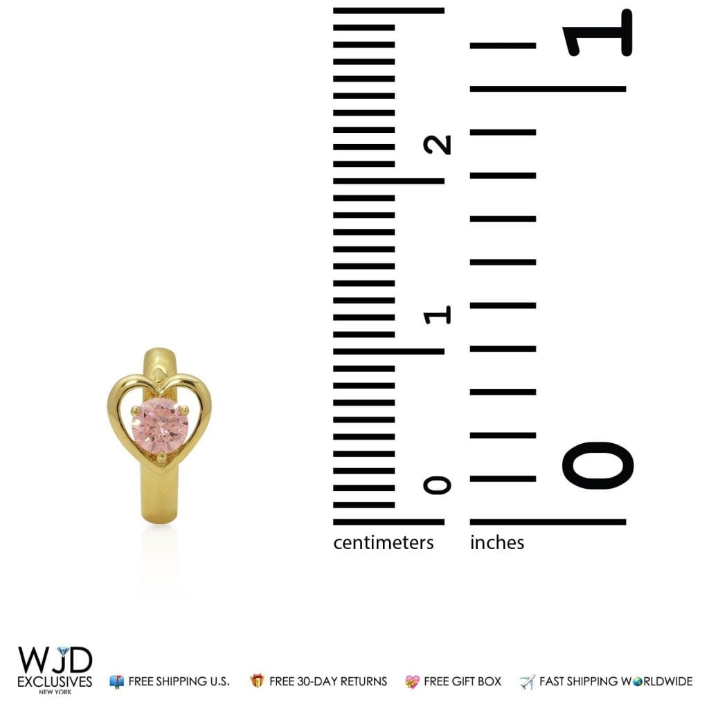 14K Yellow Gold Heart Shape Pink Tourmaline 10mm Huggie Hoop Earrings