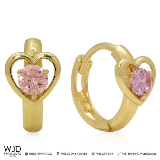 14K Yellow Gold Heart Shape Pink Tourmaline 10mm Huggie Hoop Earrings