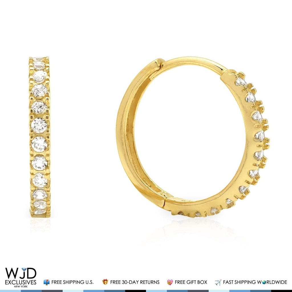 14K Yellow Gold One Row 0.50Ct Created Diamond Huggie Hoop Earrings 0.6"
